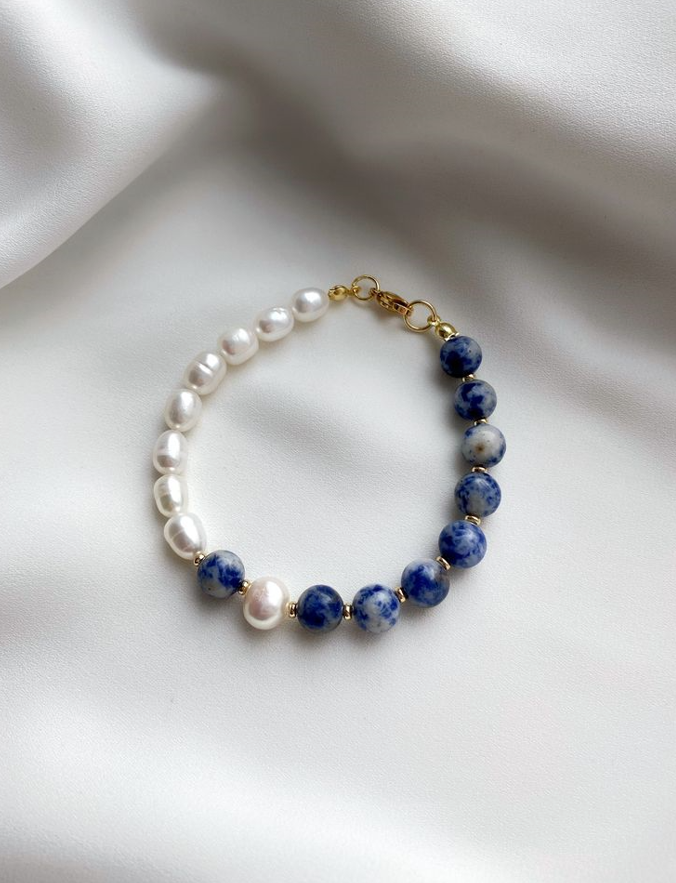 Pulsera de mineral natural lapislázuli y perlas cultivadas